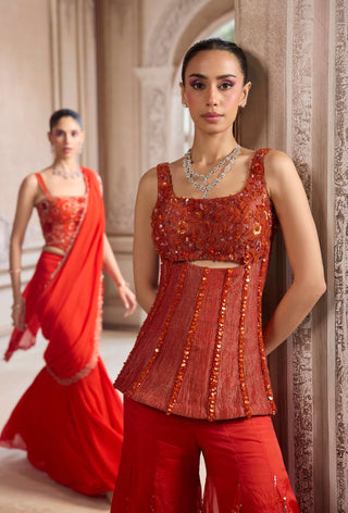 Rust crushed tissue corset and organza sharara set