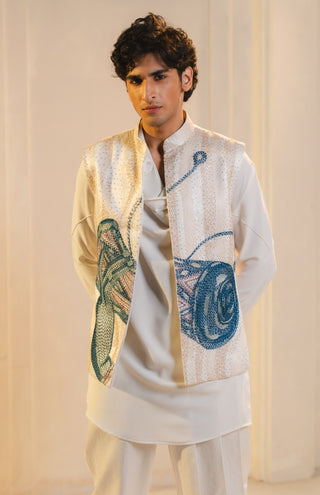 Ivory hand embroidered nehru jacket set