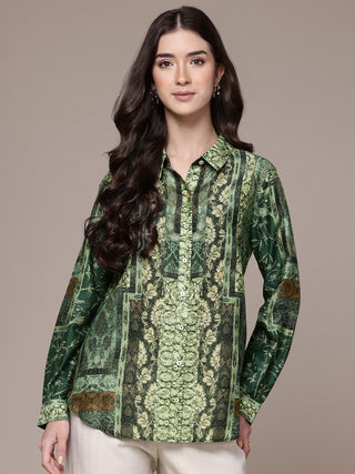 Green abstract print full sleeved shirt