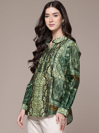 Green abstract print full sleeved shirt