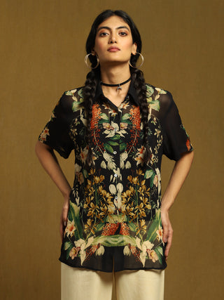 Ritu Kumar-Black Botanic Print Shirt And Inner-INDIASPOPUP.COM