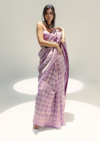 Lilac And Silver Gerum Sari With Unstitched Blouse Piece by Ekaya available on Indiaspopup.com