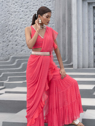 Chhavvi Aggarwal-Raspberry Printed Sharara Sari Set-INDIASPOPUP.COM