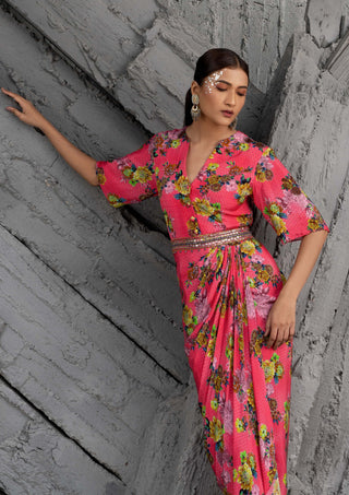 Chhavvi Aggarwal-Raspberry Printed Draped Dress-INDIASPOPUP.COM