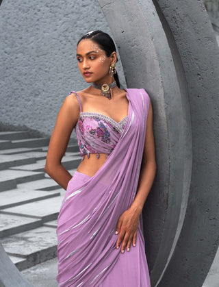 Chhavvi Aggarwal-Lavender Foil Print Sari And Blouse-INDIASPOPUP.COM