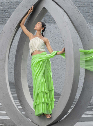 Chhavvi Aggarwal-Lime Green Printed Pre-Stitched Sari And Blouse-INDIASPOPUP.COM