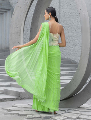 Chhavvi Aggarwal-Lime Green Printed Pre-Stitched Sari And Blouse-INDIASPOPUP.COM