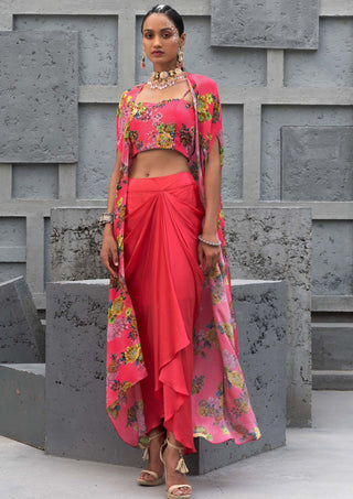 Chhavvi Aggarwal-Raspberry Printed Cape And Skirt Set-INDIASPOPUP.COM