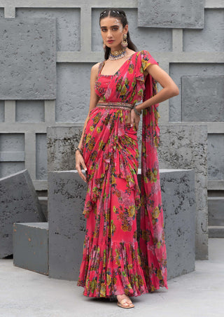 Chhavvi Aggarwal-Raspberry Pink Printed Sari Set-INDIASPOPUP.COM