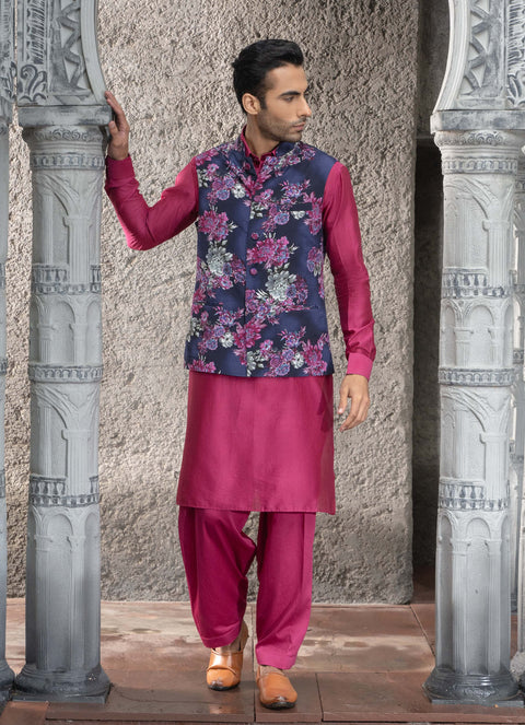 Chhavvi Aggarwal Men-Burgundy Pathani Kurta And Bundi Set-INDIASPOPUP.COM