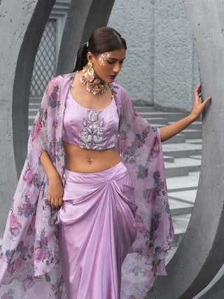 Chhavvi Aggarwal-Lavender Printed Cape And Draped Skirt Set-INDIASPOPUP.COM