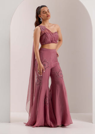 Silky Bindra Yuki Mauve Drape Blouse With Pants available on indiaspopup