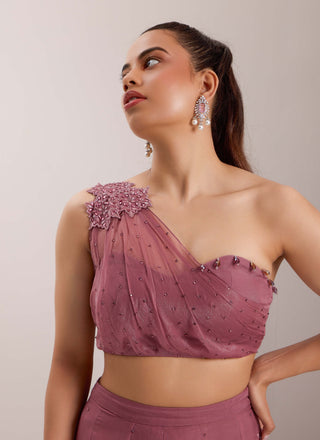 Silky Bindra Yuki Mauve Drape Blouse With Pants available on indiaspopup