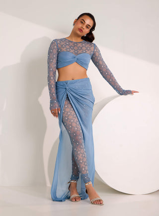 Silky Bindra Elvi Blue Legging, Knot Skirt And Blouse available on indiaspopup