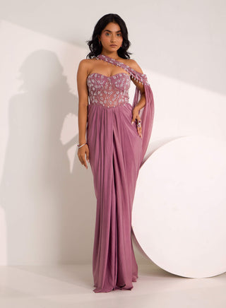 Silky Bindra Ivelle Mauve Corset Sari Gown Set available on indiaspopup