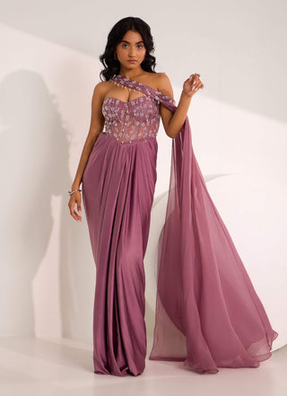 Silky Bindra Ivelle Mauve Corset Sari Gown Set available on indiaspopup