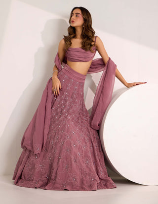 Silky Bindra Riona Mauve Snowflake Kaal Lehenga Set available on indiaspopup