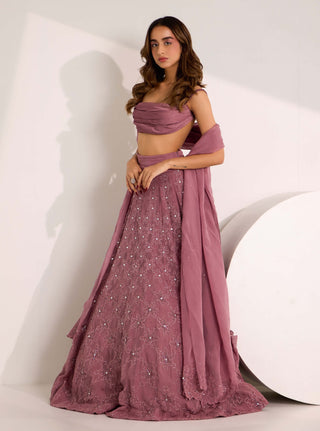 Silky Bindra Riona Mauve Snowflake Kaal Lehenga Set available on indiaspopup