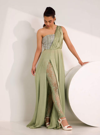 Mirela mint green high slit gown and leggings