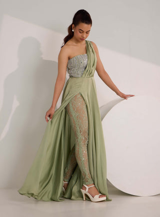 Mirela mint green high slit gown and leggings