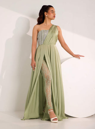 Mirela mint green high slit gown and leggings