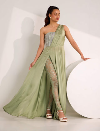 Mirela mint green high slit gown and leggings