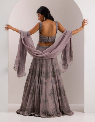 Silky Bindra Zeya Gray Snowflake Embroidered Lehenga Set available on indiaspopup