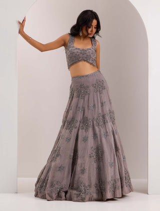 Silky Bindra Zeya Gray Snowflake Embroidered Lehenga Set available on indiaspopup