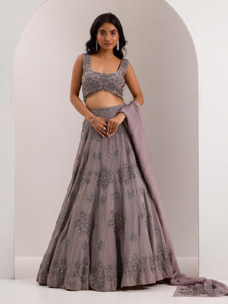 Silky Bindra Zeya Gray Snowflake Embroidered Lehenga Set available on indiaspopup