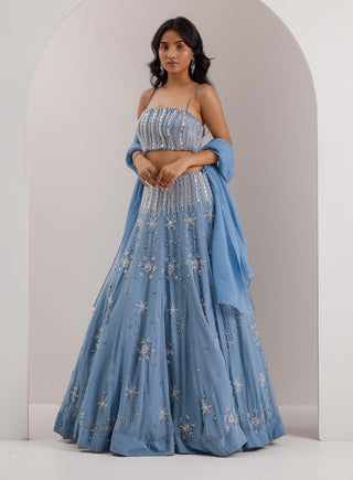 Silky Bindra Elsa Blue Snowflake Scatter Lehenga Set available on indiaspopup