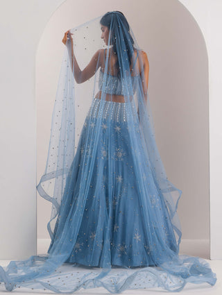 Silky Bindra Elsa Blue Snowflake Scatter Lehenga Set available on indiaspopup