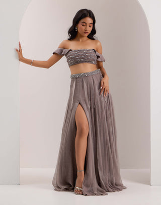 Lumi gray crystal blouse and slit skirt