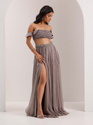 Silky Bindra Lumi Gray Crystal Blouse And Slit Skirt available on indiaspopup