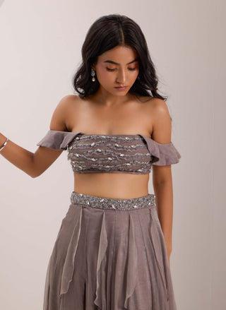 Silky Bindra Lumi Gray Crystal Blouse And Slit Skirt available on indiaspopup