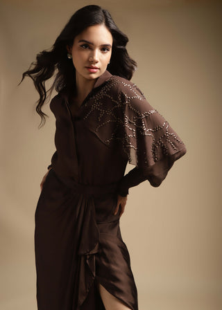 Sakshi Khetterpal-Cocoa Draped Shirt And Skirt-INDIASPOPUP.COM