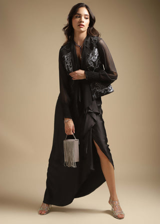 Sakshi Khetterpal-Charcoal Sleeveless Jacket And Draped Skirt Set-INDIASPOPUP.COM
