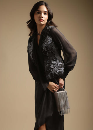 Sakshi Khetterpal-Charcoal Sleeveless Jacket And Draped Skirt Set-INDIASPOPUP.COM