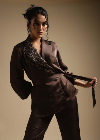Sakshi Khetterpal-Cocoa Double-Breasted Jacket And Pant-INDIASPOPUP.COM