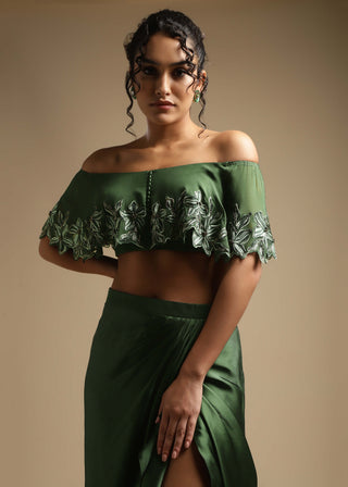 Sakshi Khetterpal-Olive Off-Shoulder Top And Draped Skirt-INDIASPOPUP.COM
