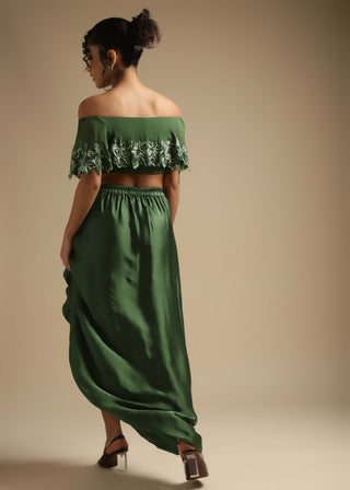 Sakshi Khetterpal-Olive Off-Shoulder Top And Draped Skirt-INDIASPOPUP.COM