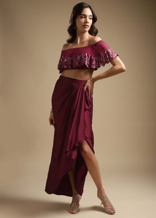 Sakshi Khetterpal-Wine Off-Shoulder Top And Draped Skirt-INDIASPOPUP.COM