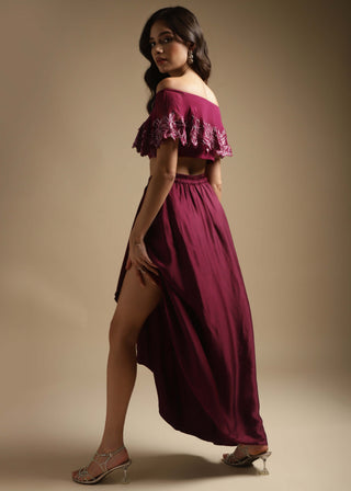 Sakshi Khetterpal-Wine Off-Shoulder Top And Draped Skirt-INDIASPOPUP.COM