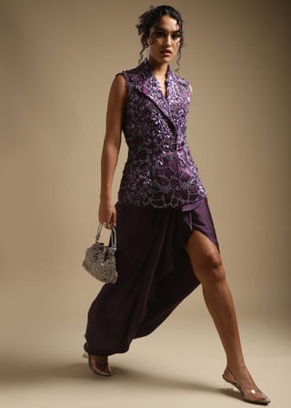 Sakshi Khetterpal-Purple Sleeveless Blazer And Skirt-INDIASPOPUP.COM