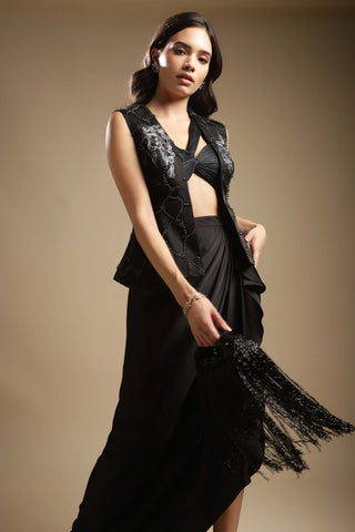 Sakshi Khetterpal-Charcoal Sleeveless Jacket And Skirt Set-INDIASPOPUP.COM