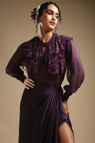 Sakshi Khetterpal-Purple Shirt And Draped Skirt-INDIASPOPUP.COM