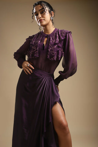 Sakshi Khetterpal-Purple Shirt And Draped Skirt-INDIASPOPUP.COM