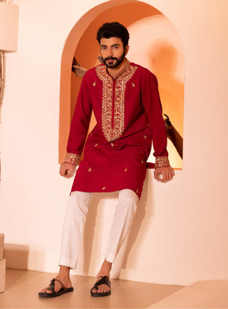 Shreyansh Designs-Red Saheb Kurta And Pants-INDIASPOPUP.COM