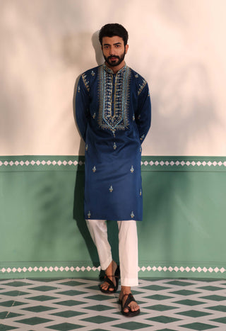 Shreyansh Designs-Teal Blue Arsh Kurta And Pants-INDIASPOPUP.COM