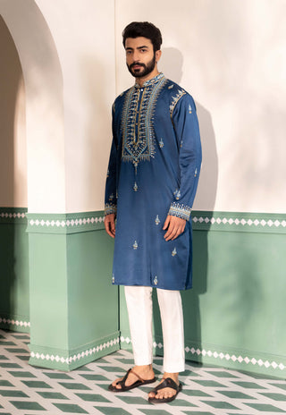 Shreyansh Designs-Teal Blue Arsh Kurta And Pants-INDIASPOPUP.COM