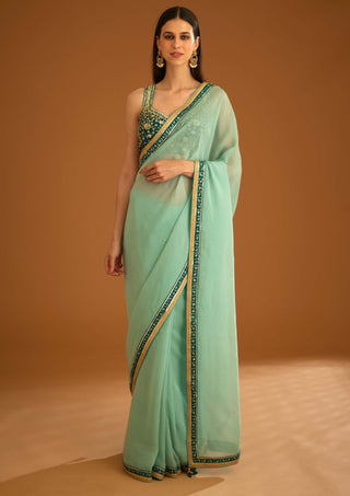 Shyam Narayan Prasad-Opal Green Chiffon Sari And Blouse-INDIASPOPUP.COM